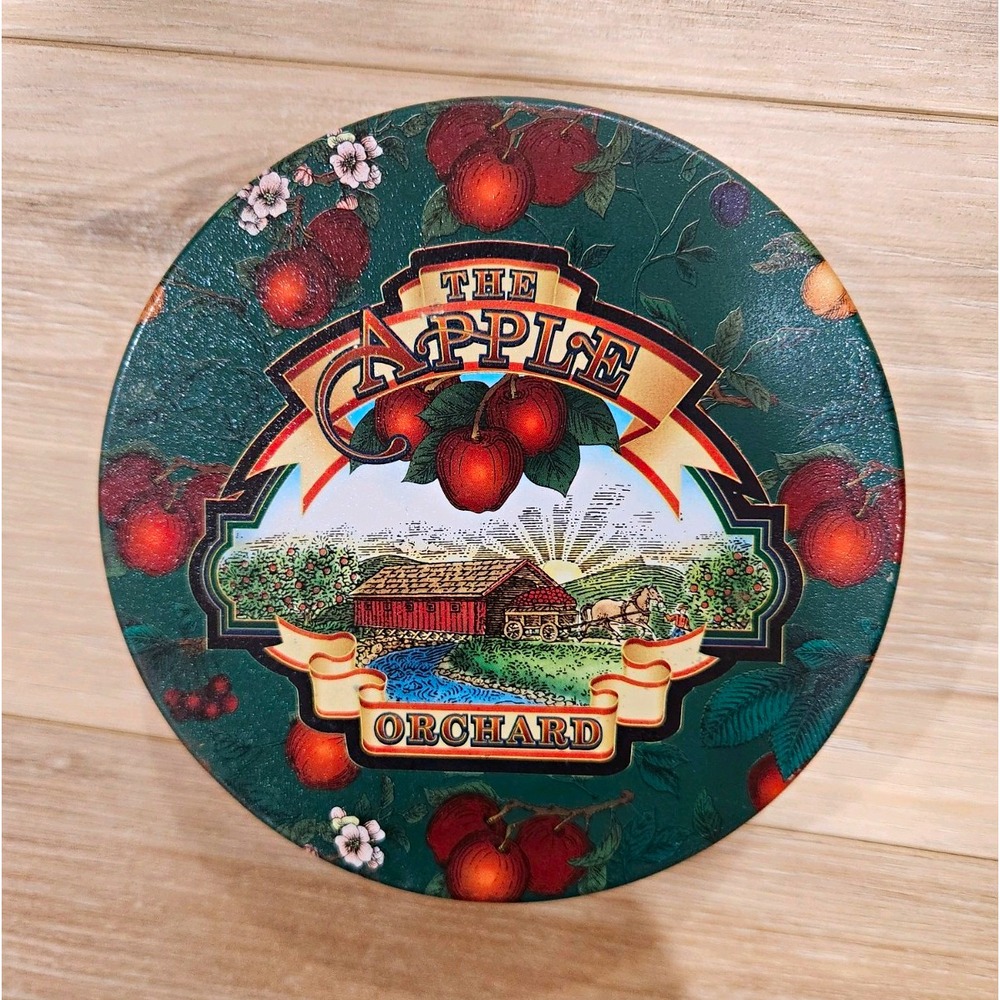 Vtg Round Metal Tin w/ Lid, Apple Orchard Fruit Floral Farmhouse Green Red White